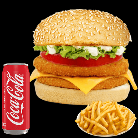 29. Menü- Double Chicken-Cheeseburger mit Cola und Pommes